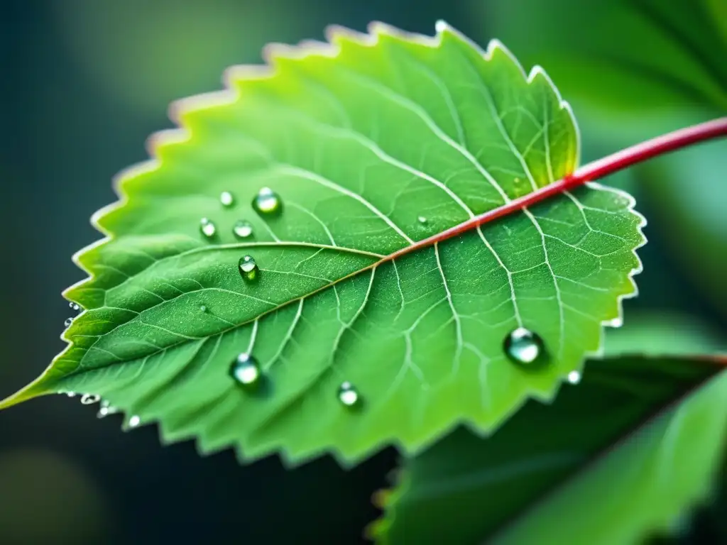 Detalles de hoja verde con gotas de agua Detalle exquisito de una hoja verde vibrante con gotas de agua, mostrando la belleza de la naturaleza