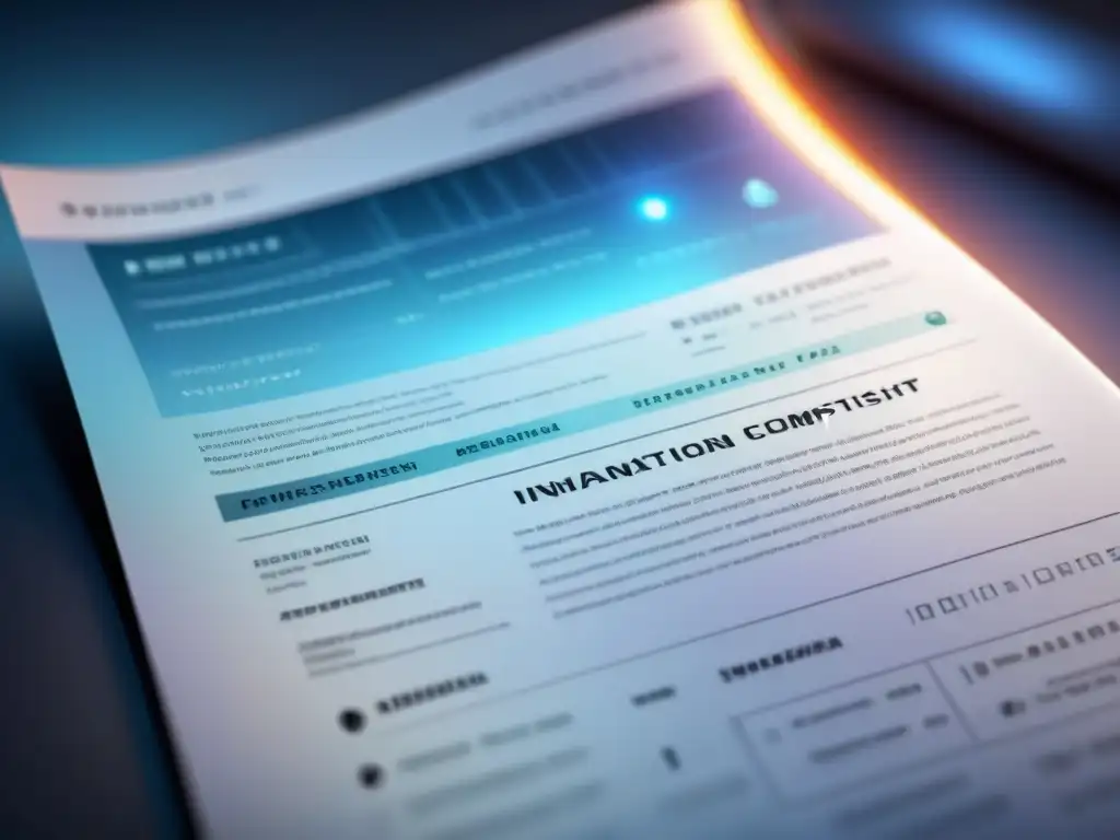 Detalle futurista de documento de patente con hologramas, simbolizando protección e innovación en startups tecnológicas