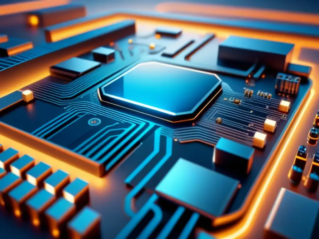 Detalle futurista de una placa de circuito con intrincados caminos y componentes, bañados en una suave luz