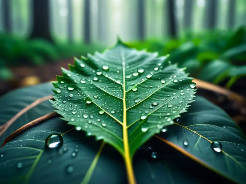 Detalle hermoso: hoja verde con gotas de agua, en un bosque denso