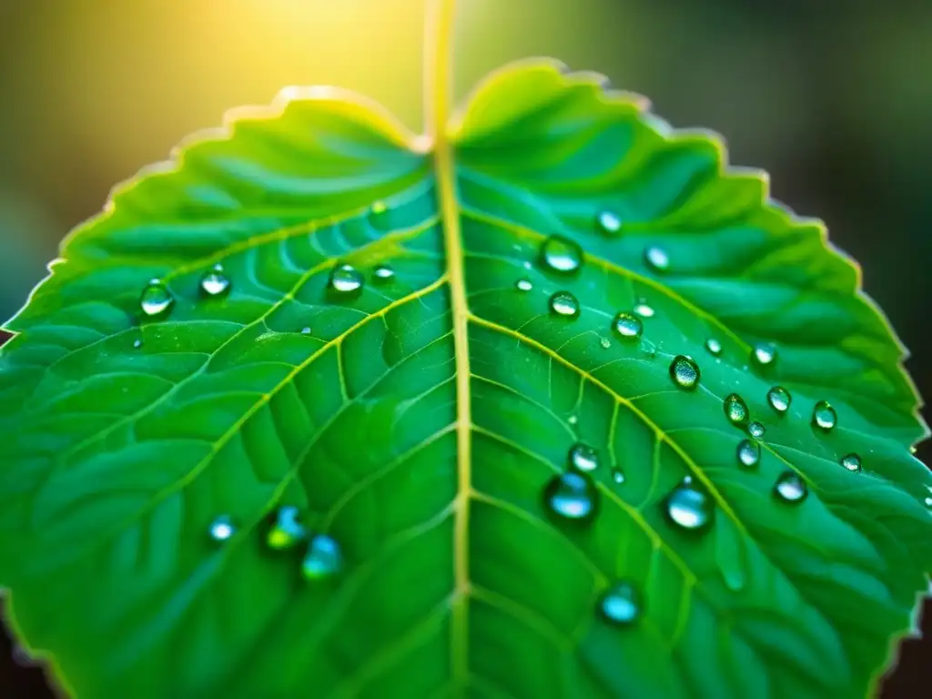 Belleza natural: detallada hoja verde con gotas de agua Detalle de una hoja verde con patrones de venas y gotas de agua brillando al sol, belleza de la naturaleza en agricultura sostenible