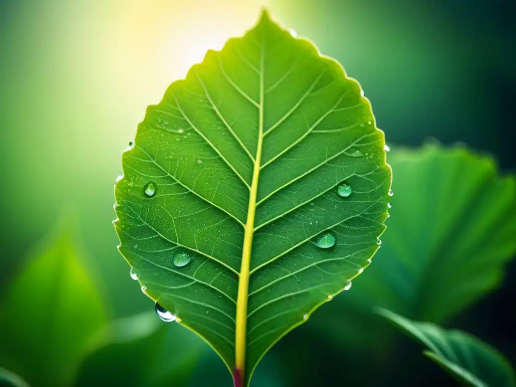 Detalle de una hoja verde con venas y gotas de agua brillando al sol, simbolizando avances en biotecnología para producción de biocombustibles