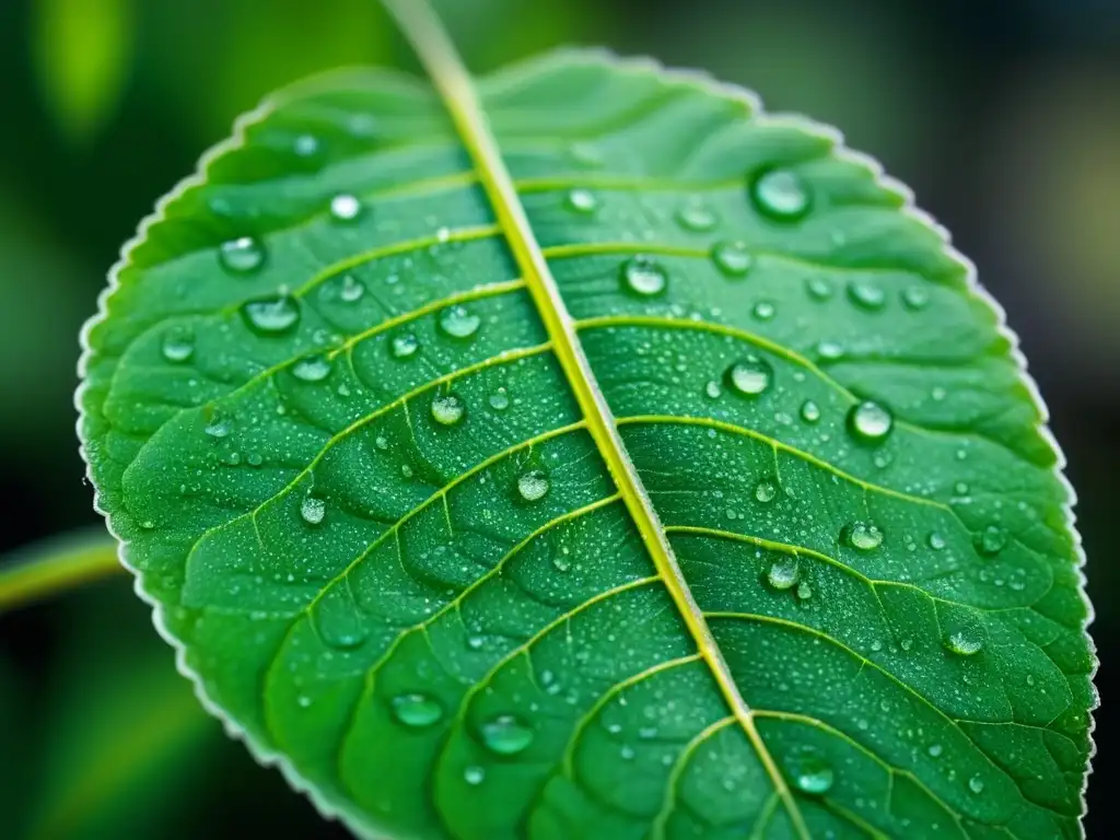 Detalle de una hoja verde vibrante con venas intrincadas y gotas de rocío, mostrando la belleza de la agricultura de precisión con Big Data