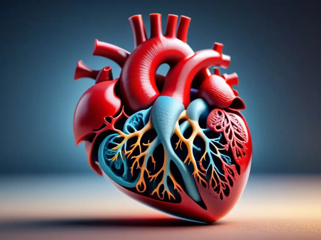 Detalle 3D de corazón humano impreso en capas, mostrando vasos sanguíneos, cámaras y válvulas