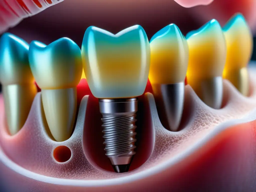 Detalle de implante dental de titanio bajo microscopio, resaltando su textura y biocompatibilidad