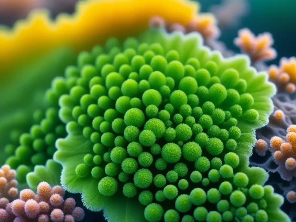 Detalle impresionante de algas verdes bajo microscopio, en un entorno acuático prístino