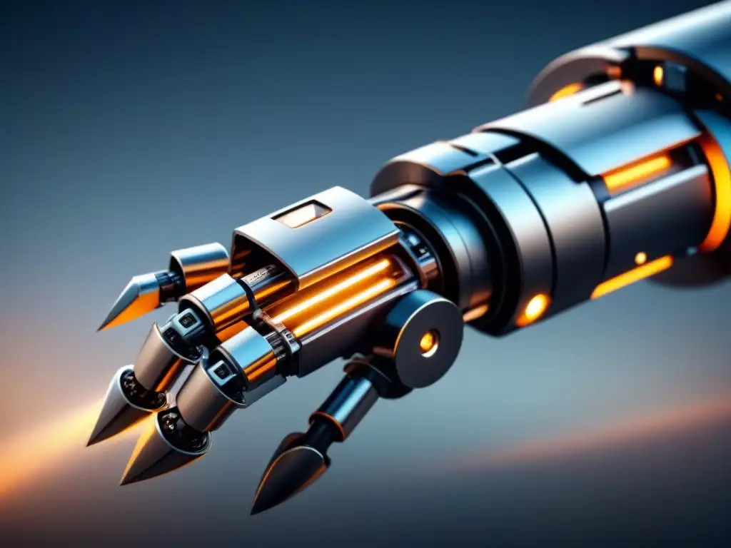 Detalle impresionante de un brazo robot industrial con luces LED, reflejando tecnología avanzada y precisión