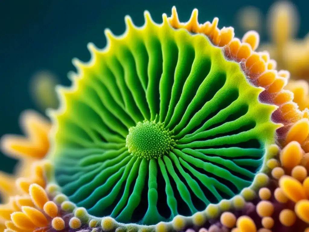 Microscopio revela detalle de célula de alga verde para biocombustibles Detalle impresionante de una célula de alga verde bajo microscopio, mostrando su estructura y colores vibrantes