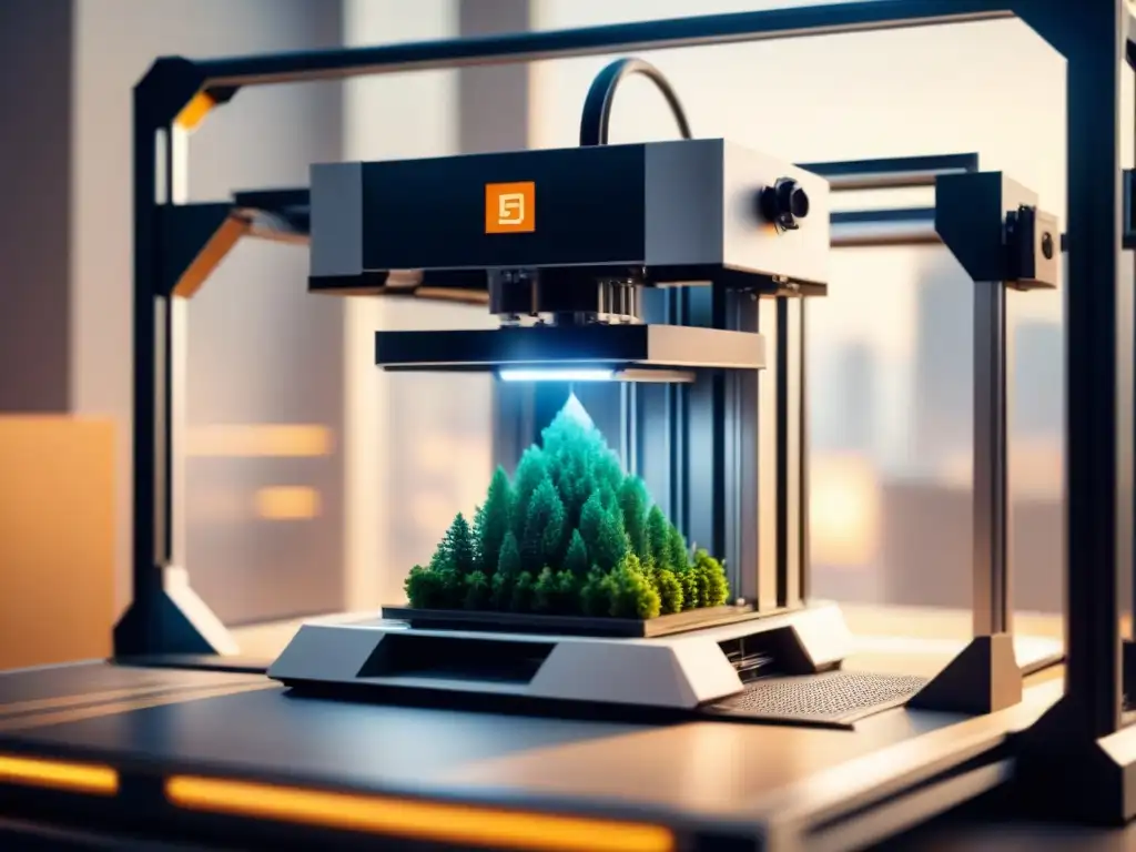 Detalle impresionante de impresión 3D grandes formatos casos en acción, creando modelo arquitectónico complejo con precisión futurista