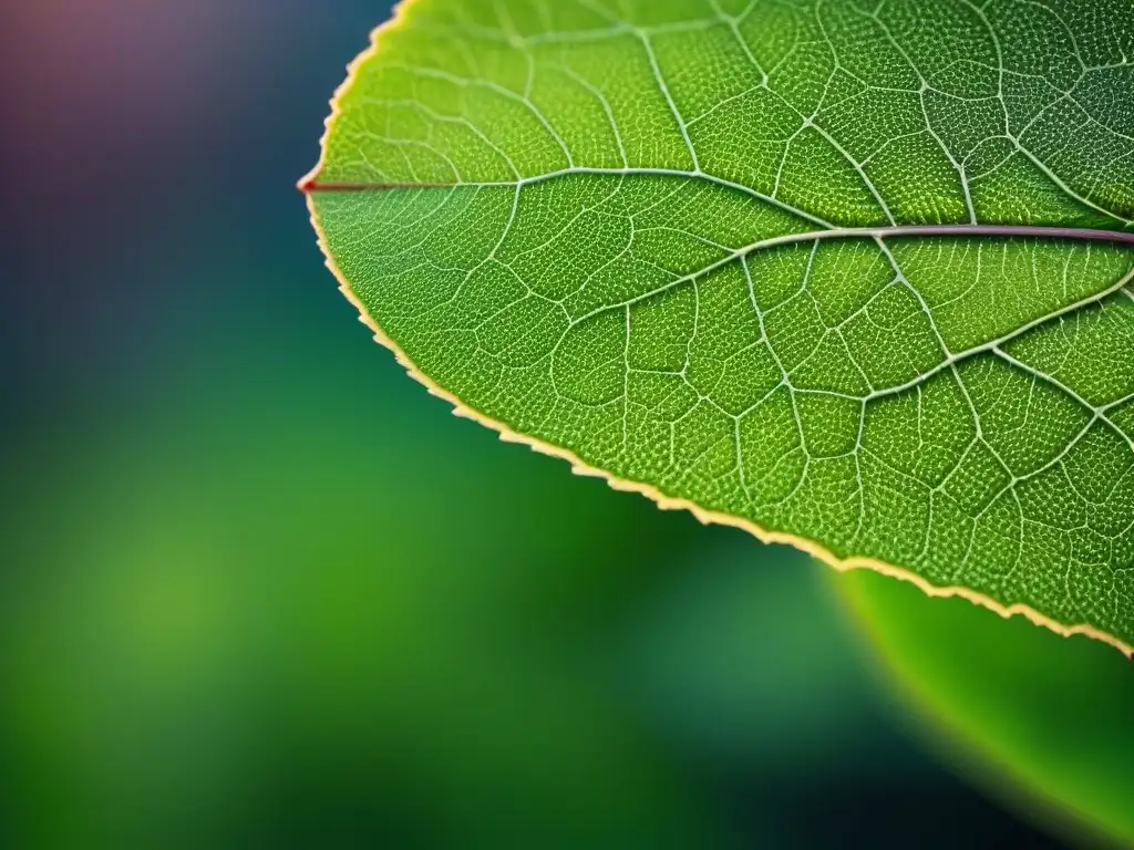 Detalle impresionante de una hoja verde bajo microscopio, resaltando sus biocatalizadores para química sostenible