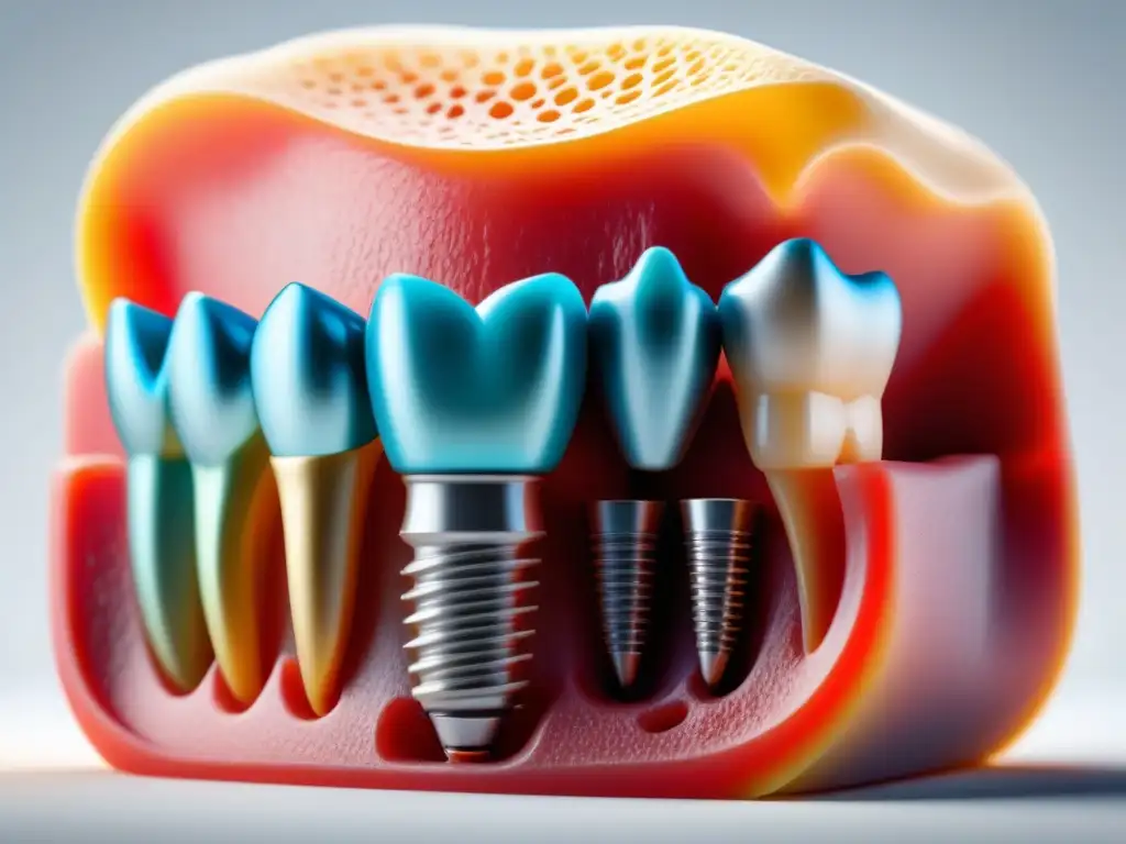 Detalle impresionante de un implante dental 3D, resaltando su diseño minimalista y tecnología de vanguardia