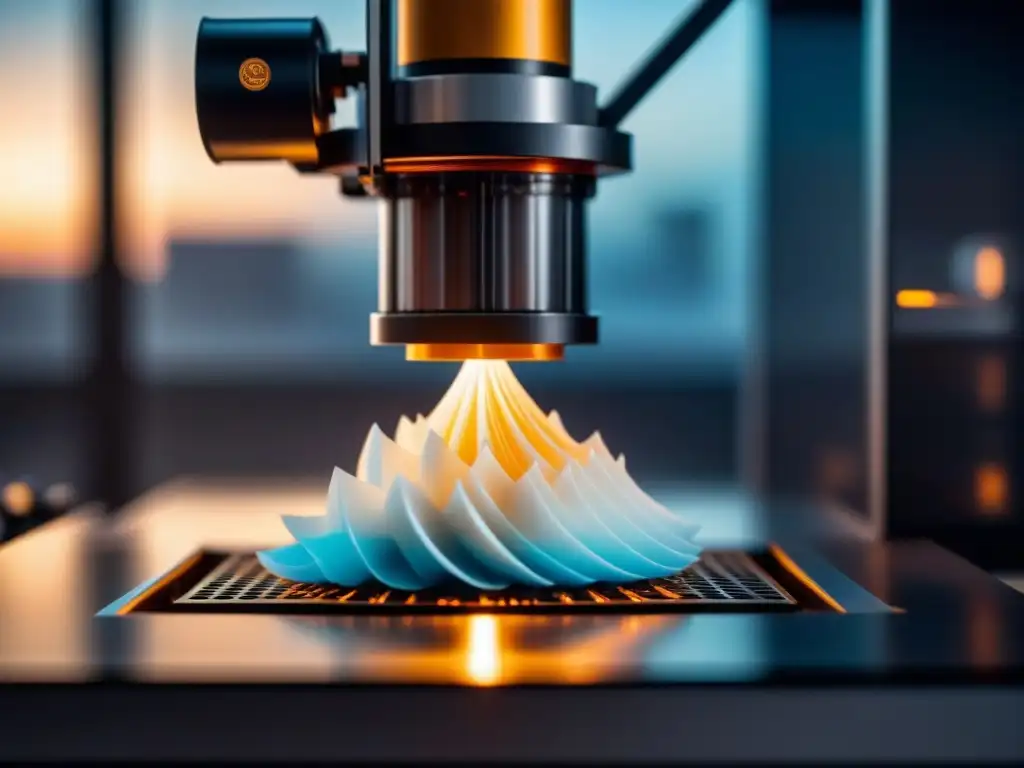Detalle impresionante de impresora 3D en acción, creando forma geométrica compleja