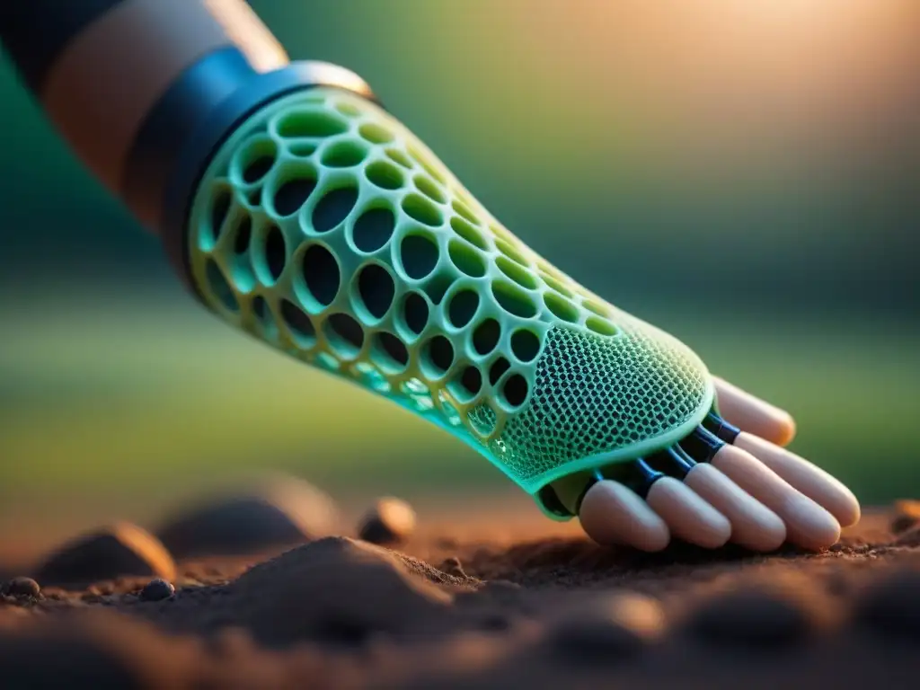 Detalle impresionante de una prótesis bioprintada en 3D, resaltando la precisión y tecnología de la bioimpresión 3D en prótesis personalizadas