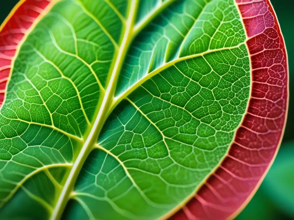 Detalle increíble de una hoja de planta modificada genéticamente bajo microscopio, destacando patrones celulares