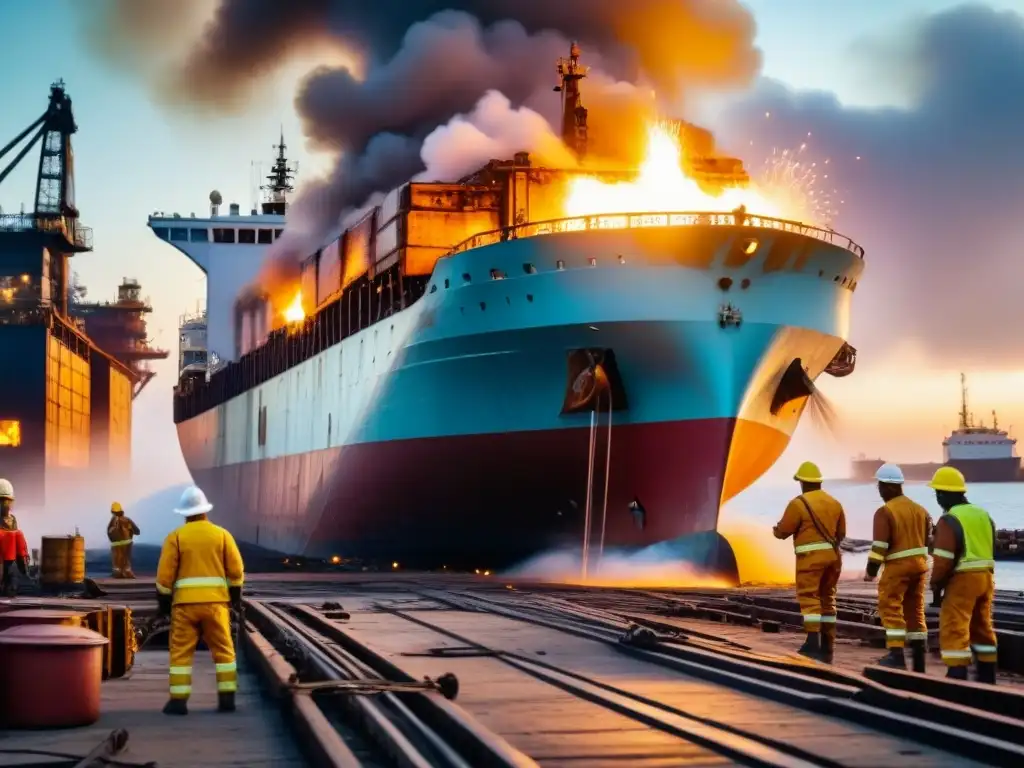 Detalle increíble de trabajadores en un astillero desmantelando un barco con antorchas de corte, ilustrando la gestión sostenible reciclaje buques