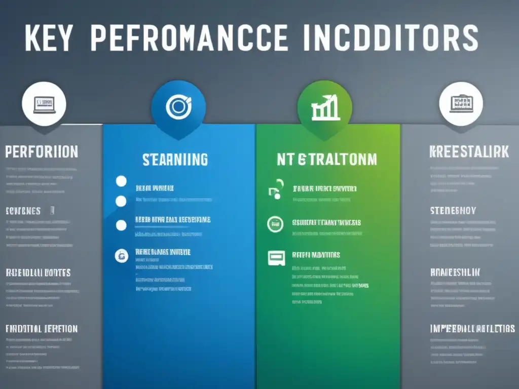 Detalle KPIs medición éxito estrategia SEO industrial en elegante infografía minimalista grises, azules y verdes