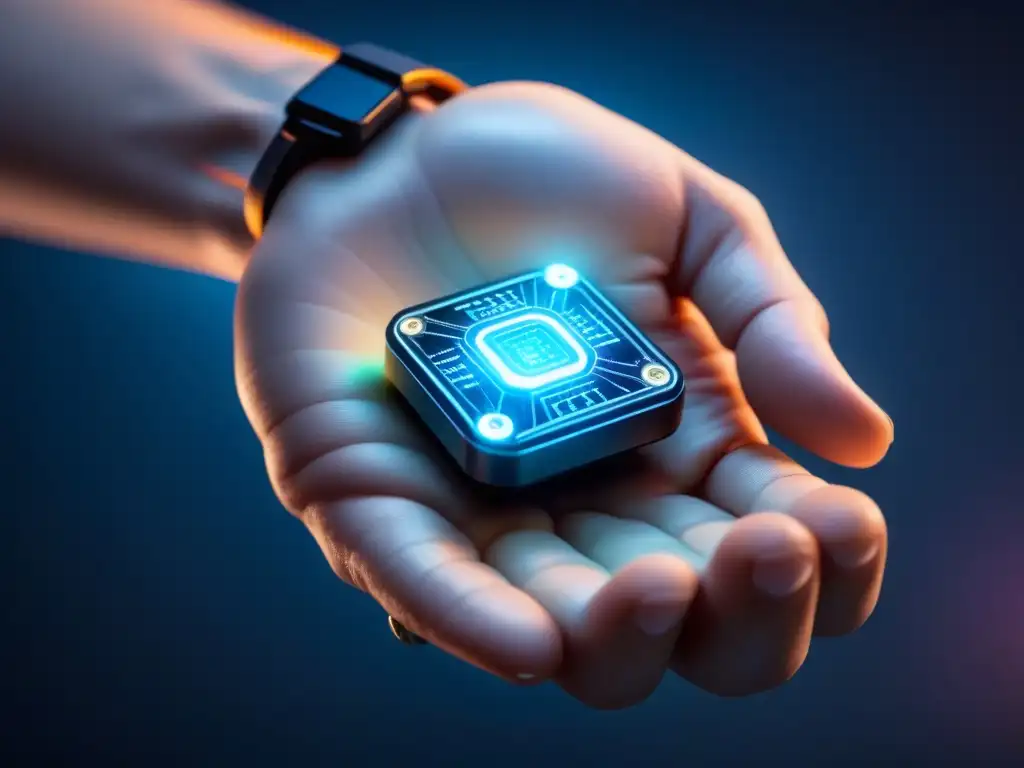 Detalle de interfaz neural futurista integrada en mano humana, simbolizando transformación en medicina