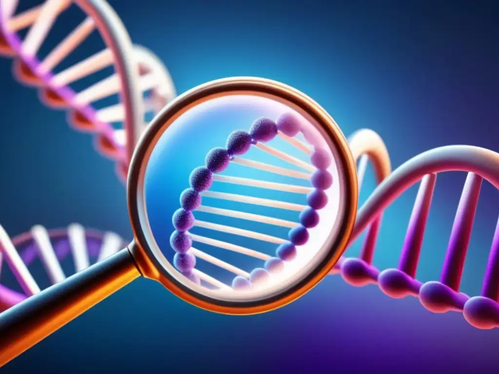 Exploración genética: precisión científica en ADN Detalle de una lupa sobre una estructura de ADN, destacando la importancia de comités ética investigación genética