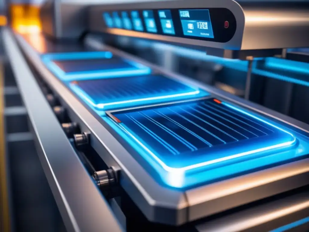 Detalle de máquina de empaquetado AI en planta de alimentos con monitoreo de frescura y analítica predictiva en azul futurista