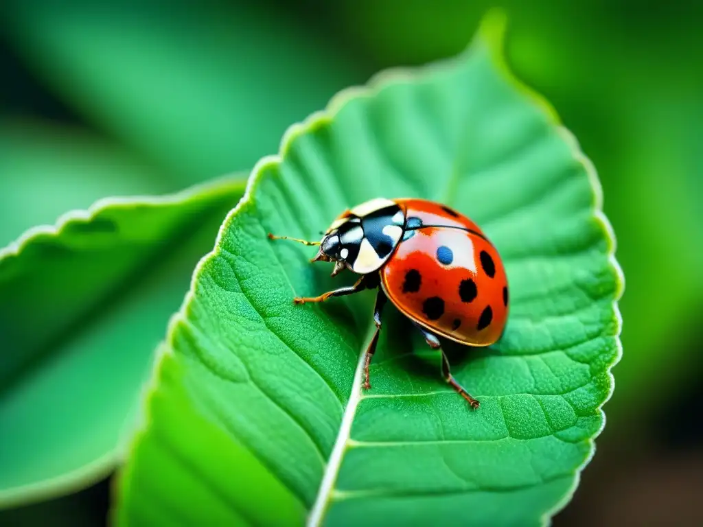 Detalle de una mariquita en una hoja verde vibrante, destacando la efectividad del biocontrol de plagas con organismos beneficiosos