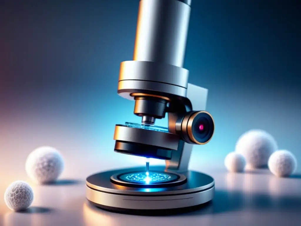Microscopio futurista enfocando célula cancerígena Detalle de microscopio futurista enfocado en célula cancerosa, integrando análisis datos masivos oncología precisión