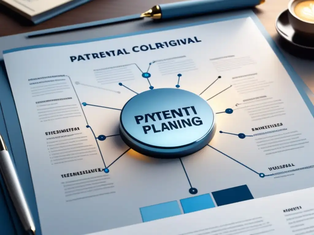Detalle minimalista de un documento de patente rodeado de un mapa mental de planificación estratégica, conectando ideas sobre protección de patentes