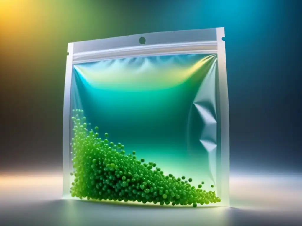 Detalle molecular de material biodegradable transparente, resaltando sus beneficios ecofriendly