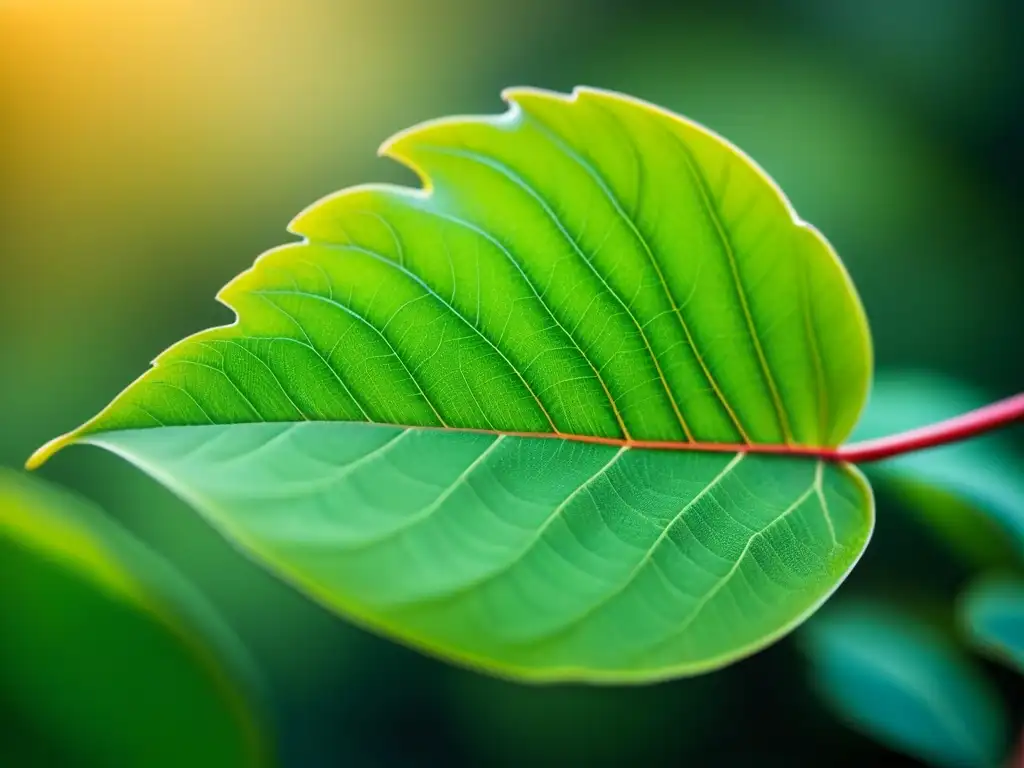 Detalle asombroso: Hoja verde vibrante con venas intrincadas Detalle natural de una hoja verde vibrante con venas intrincadas, ejemplificando la belleza y complejidad de la biomasa, fuente de energía sostenible
