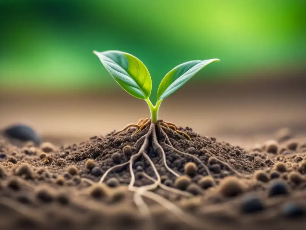 Detalle de planta verde con raíces enriquecidas en suelo fértil, simbolizando la fortaleza de cultivos resistentes biotecnología