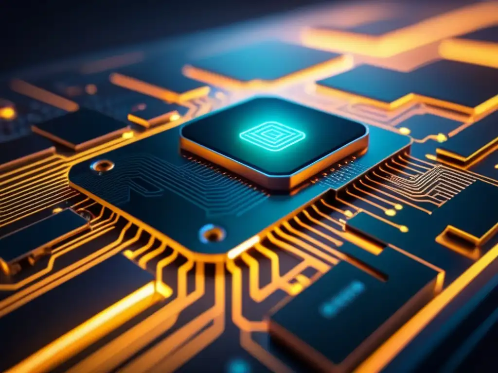 Detalle sofisticado de líneas de circuito interconectadas brillando en fondo oscuro, simbolizando integración de sistemas para Big Data