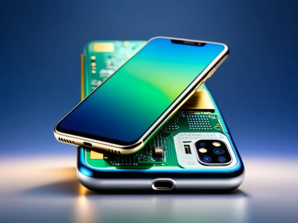 Detalle sofisticado de un smartphone dividido, revelando circuitos y chips en fondo degradado azul a verde