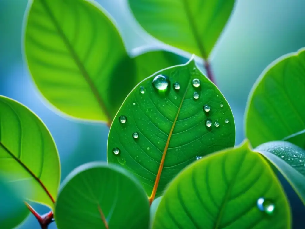 Detalle de biopolímero transparente con hojas verdes y gotas de agua, simbolizando frescura y sostenibilidad en empaquetado ecofriendly