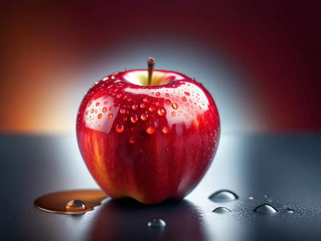 Un detalle ultra detallado de una manzana roja brillante con gotas de agua, resaltando su frescura natural