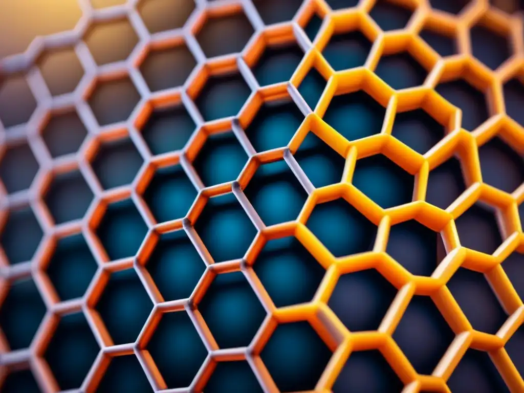 Detalle ultradetallado de la estructura de una red de grafeno, en un patrón hexagonal de átomos de carbono