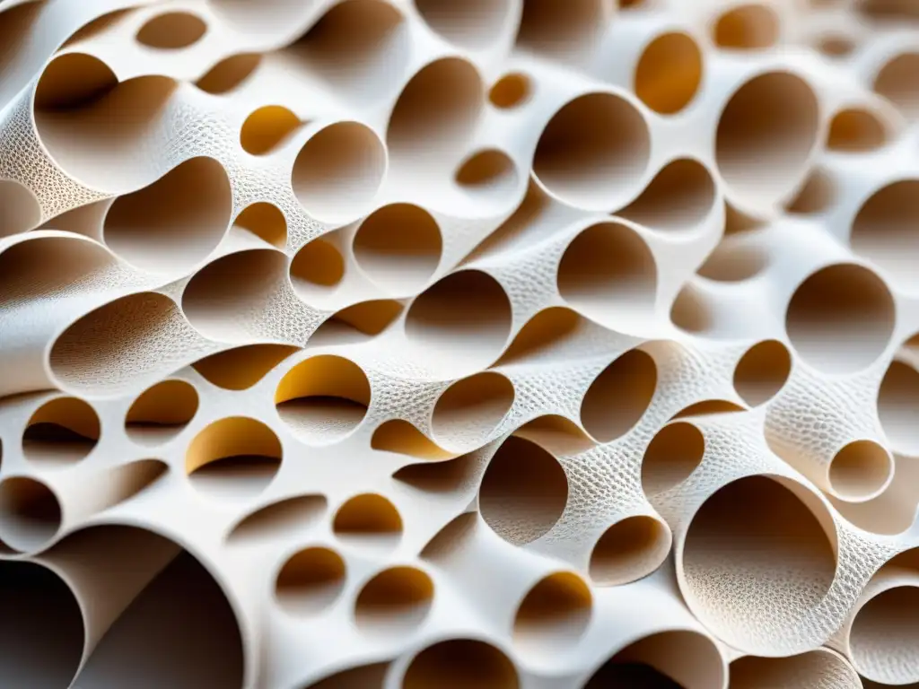 Detalle ultradetallado de un material de empaque biodegradable hecho de fibras de papel reciclado, resaltando su textura ecológica