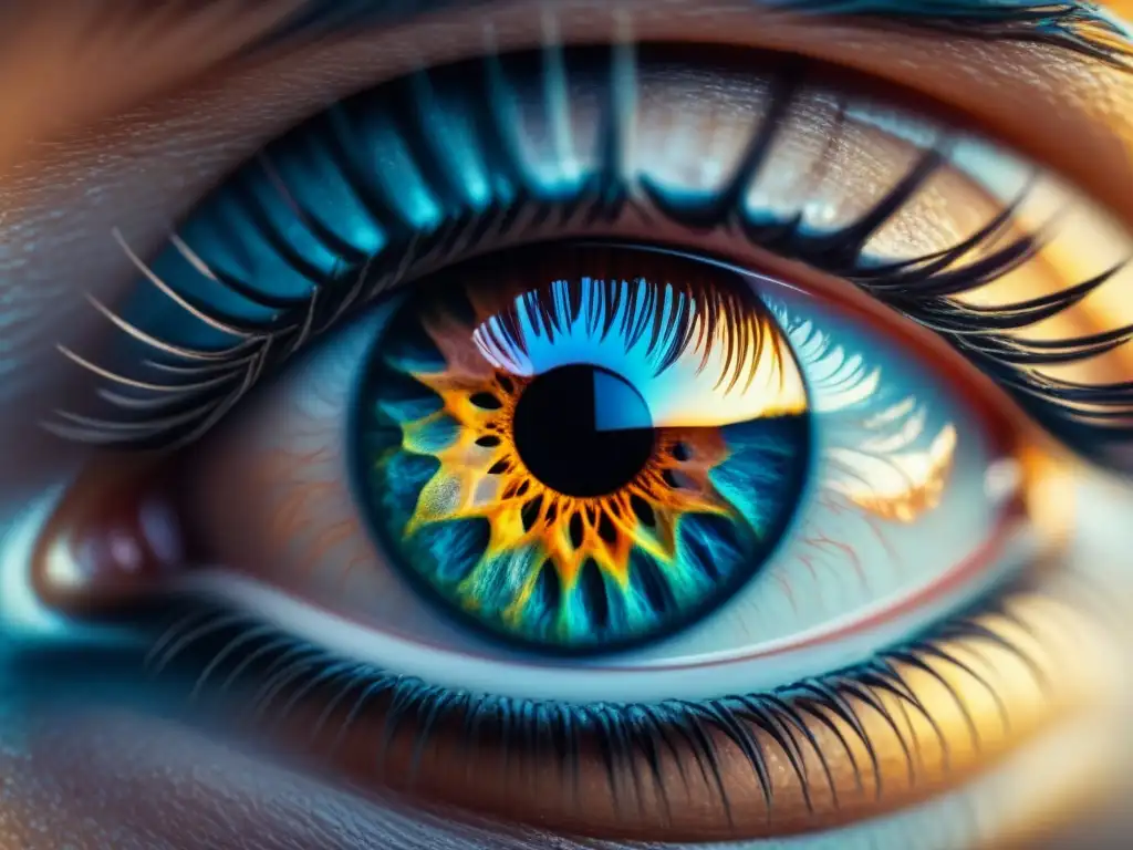 Detalle ultradetallado de un ojo humano con patrones digitales, simbolizando análisis de clientes con IA