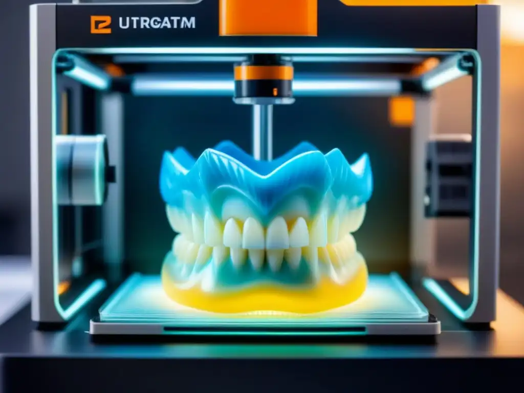 Detalle ultrarrealista de impresora 3D creando resinas para sector dental