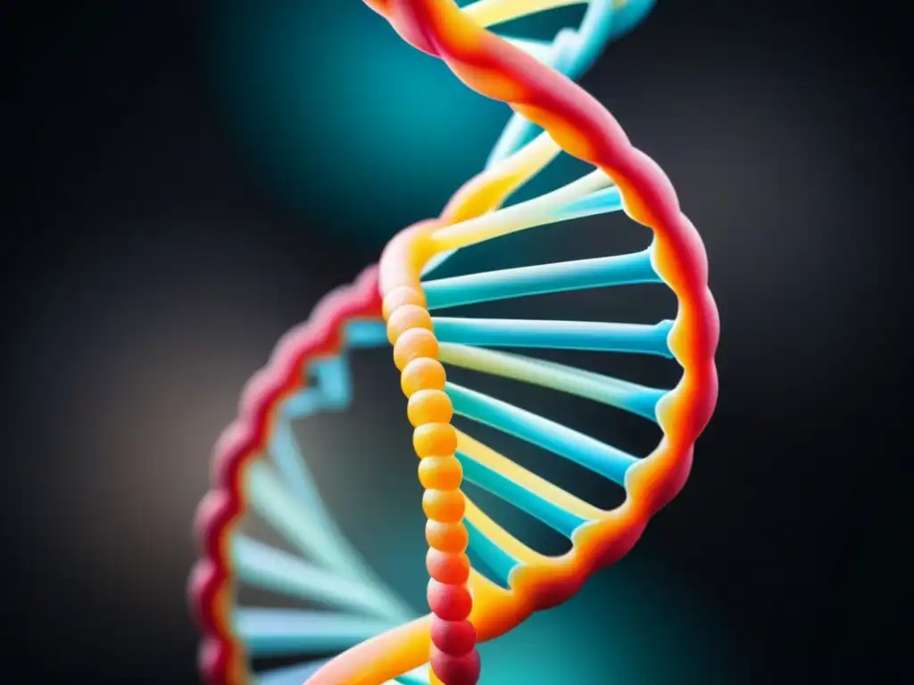 Detalle vibrante de una doble hélice de ADN en colores, reflejando innovación en ingeniería genética