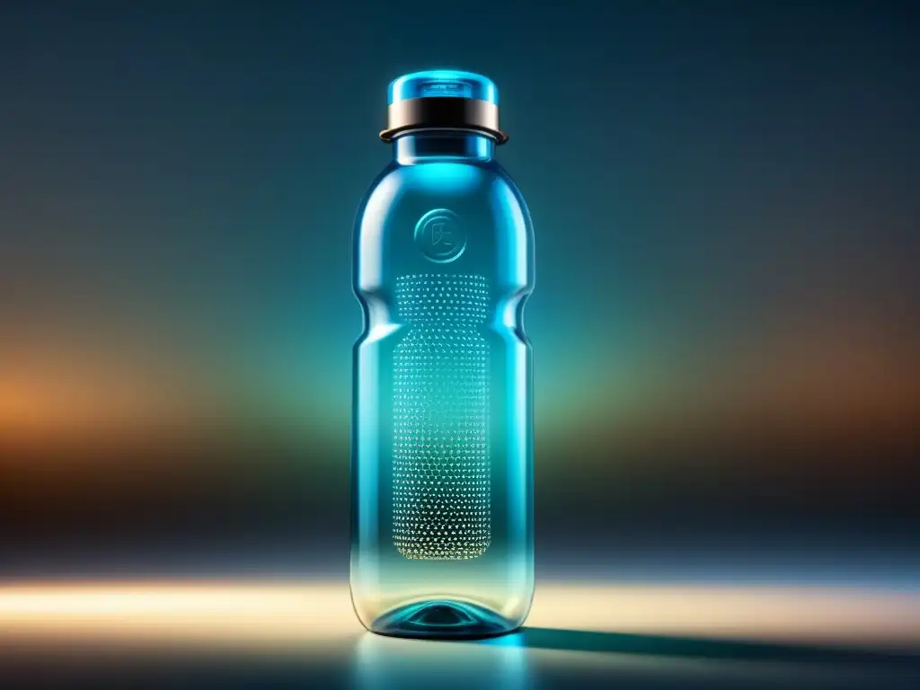 Detalles asombrosos de una botella de agua transparente hecha con avanzados polímeros, bajo intensa iluminación de estudio