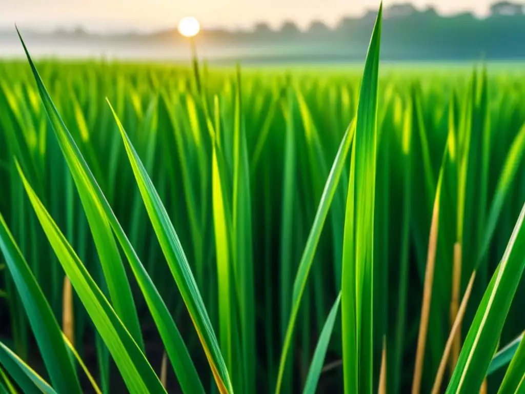 Detalles de un campo de caña de azúcar bajo la luz dorada del sol, un escenario sereno para la implementación de biocombustibles