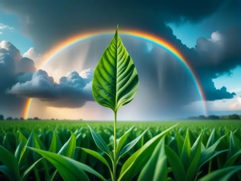 Detalles de cultivos resistentes al cambio climático en un campo verde exuberante, con hojas mejoradas por biotecnología y clima variable