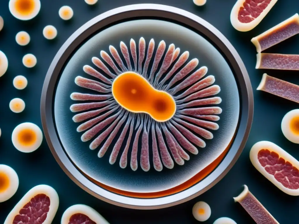 Detalles fascinantes de células de carne cultivadas en laboratorio en plato Petri, destacando la innovadora producción carne sin sacrificio animales