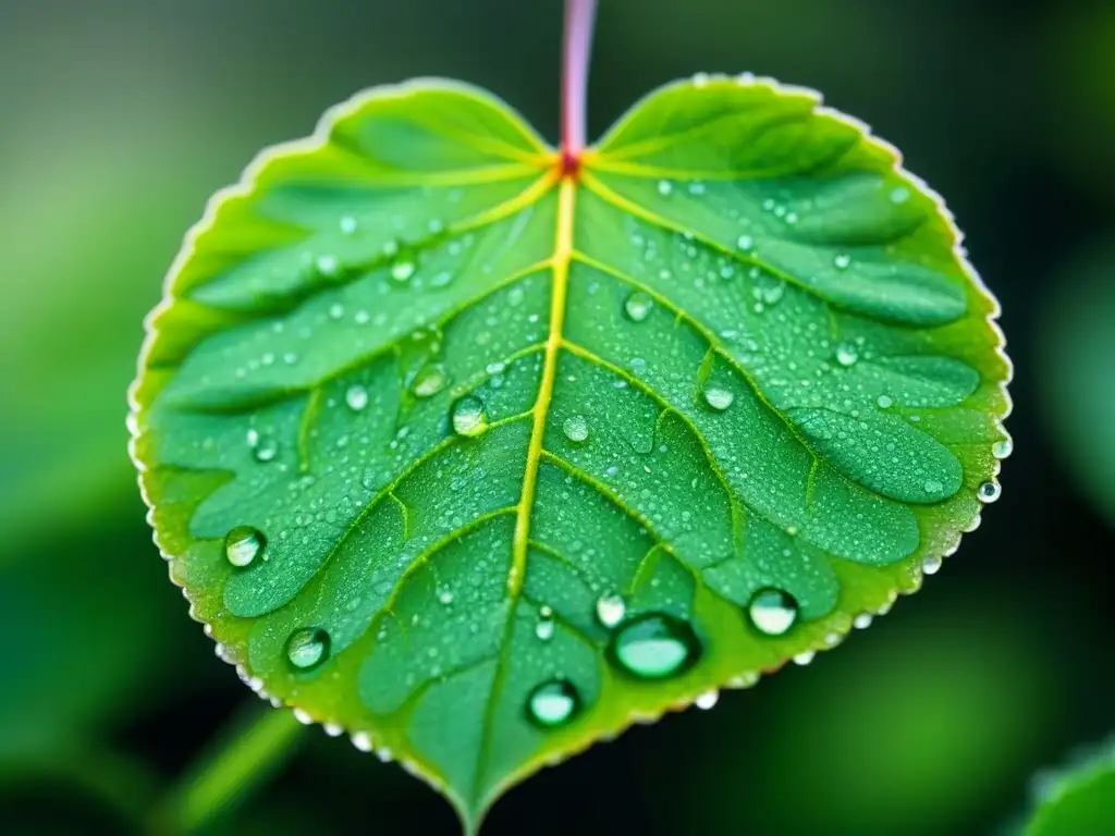 Detalles de una hoja verde con venas y gotas de rocío, simbolizando la industria química sostenible innovadora