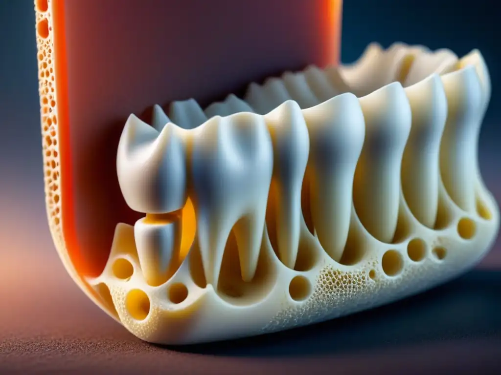 Detalles de un implante ortopédico de biocerámica blanca, resaltando su estructura porosa para biocompatibilidad y osseointegración