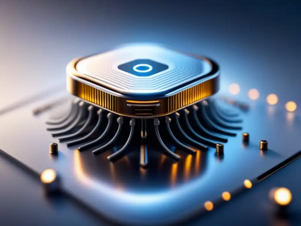 Detalles intrincados de un dispositivo neural plateado revolucionario en superficie blanca futurista