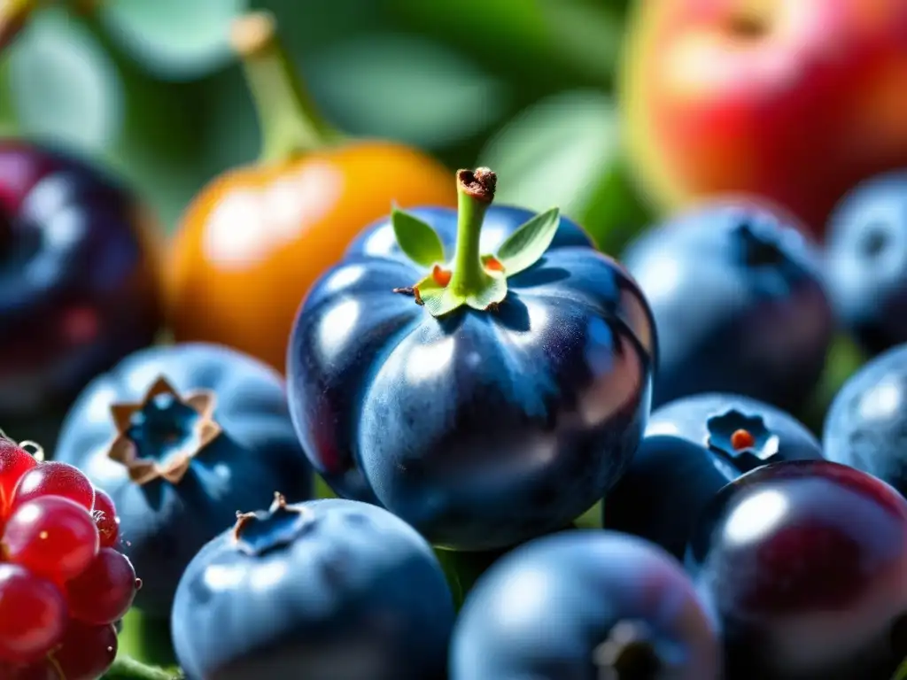 Detalles de una mora con nanotecnología en alimentos beneficios seguridad, rodeada de frutas y verduras