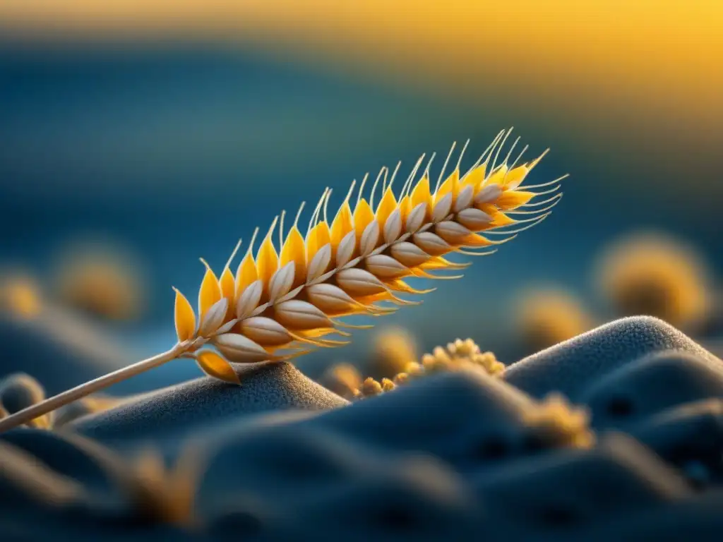 Detalles nanoestructurales de un grano de trigo bajo microscopio electrónico, clave en nanotecnología en la agricultura sostenible