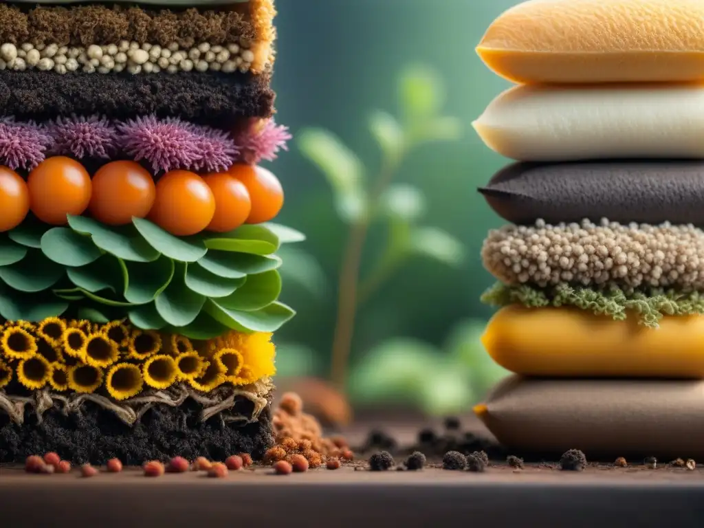 Detalles orgánicos en biopila para gestión residuos tóxicos, con capas de desechos, tierra y plantas en columna vertical