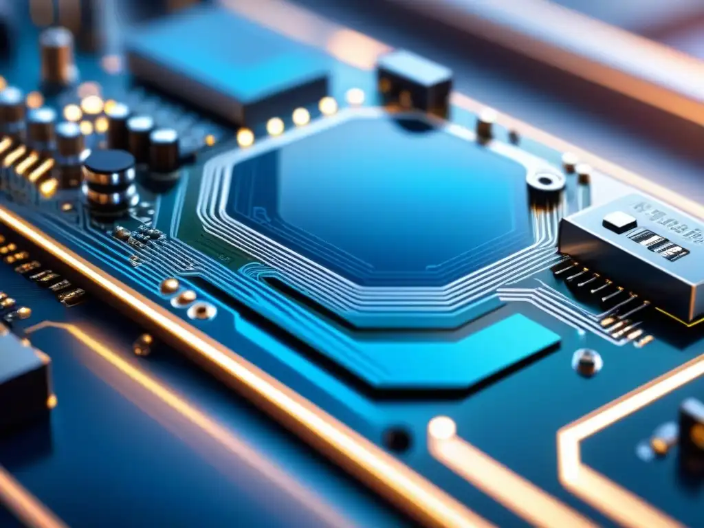 Detalles de una placa de circuito impreso con líneas y conexiones intrincadas, en tonos plateados y azules