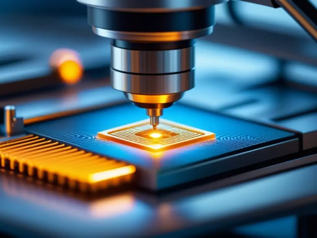 Innovación en miniatura: Nanochip de alta tecnología bajo microscopio Detalles precisos de la fabricación de nanochips: innovación tecnológica en miniatura